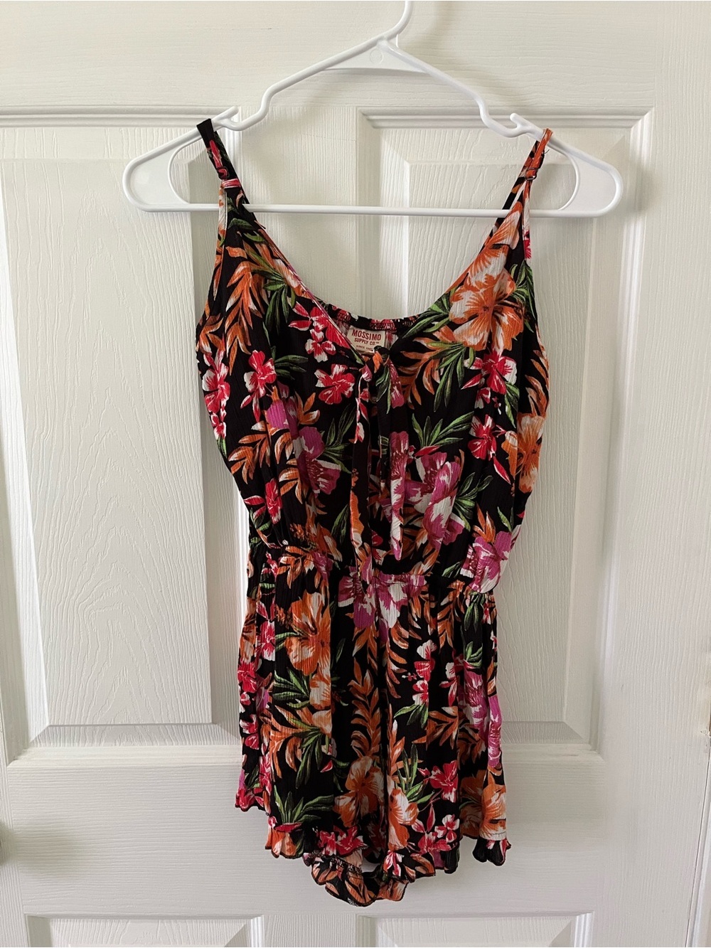 Mossimo Supply Co. Black Floral Tie-Front Romper with Pink, Orange & Green Print